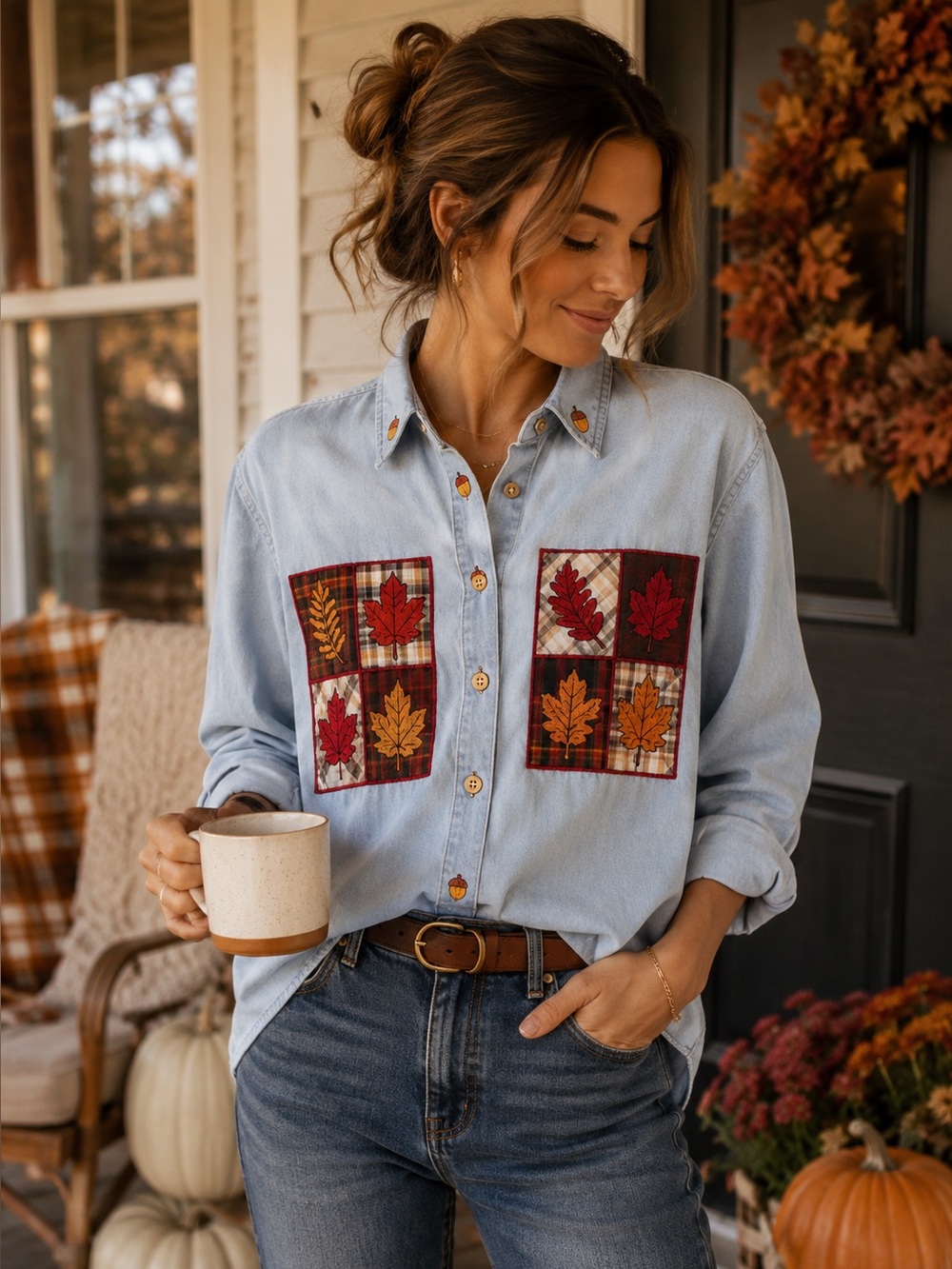 Vintage Light Wash Denim Button-Up Shirt with Autumn Leaf Patch Pockets - S